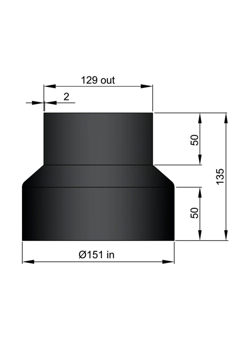 Dikwandig staal verloop Ø130mm Spie - Ø150mm Mof Zwart - Afbeelding 2
