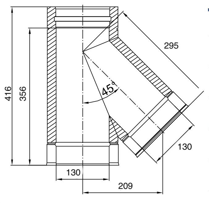 Dubbelwandig T-stuk 45° RVS – Ø130/180mm - Afbeelding 2 Dubbelwandig T-stuk 45° RVS – Ø130/180mm - Afbeelding 2
